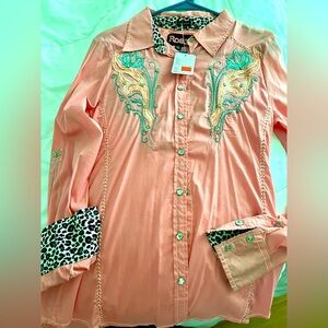 COPY - Pink “Western” wear, snap button up. Sequined accents. Embroidered.